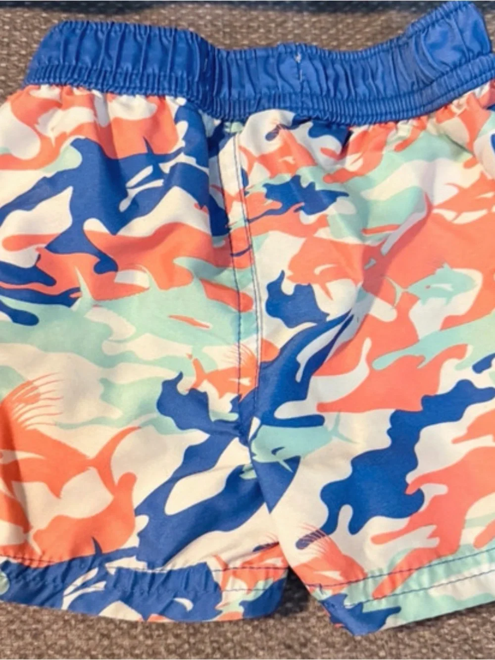 Toddler Camouflage Swim Trunks in Blue, Orange & Mint